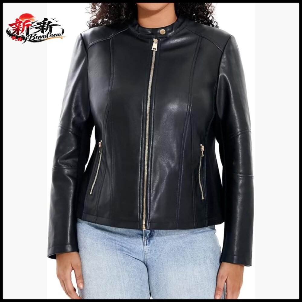 Faux Leather Jacket Plus Size Motorcycle Biker Zip Up Moto Coat